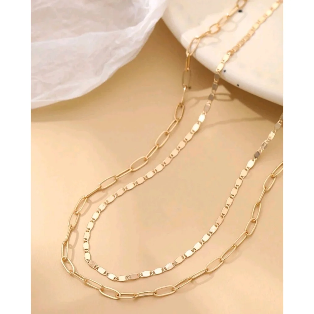 Jordan Dainty Minimalist Layered Paperclip *2* Chains Necklace - Picture 3 of 5